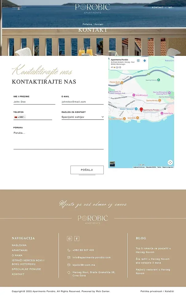 Kontakt und Apartments — die Website von Apartmani Porobić