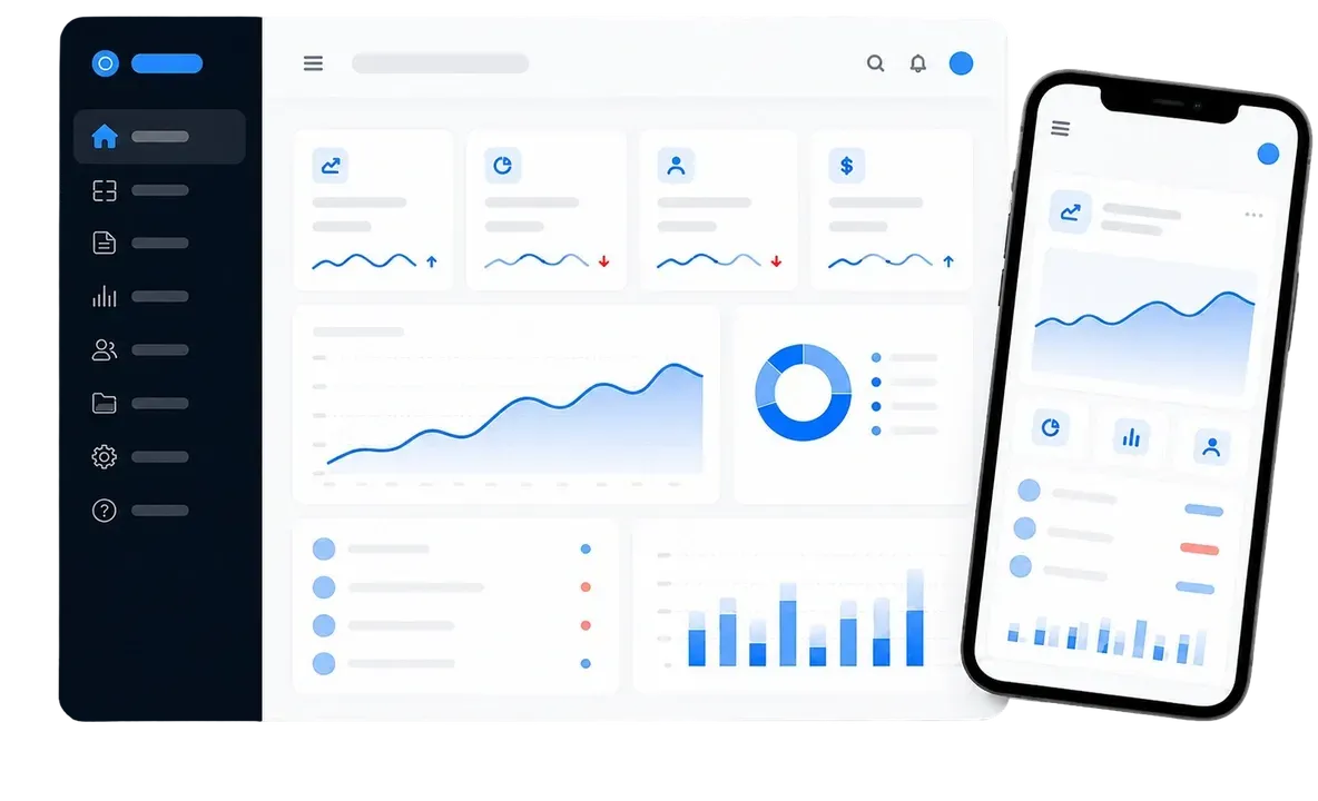The Flex CMS control panel on a screen and on a phone, with charts and lists
