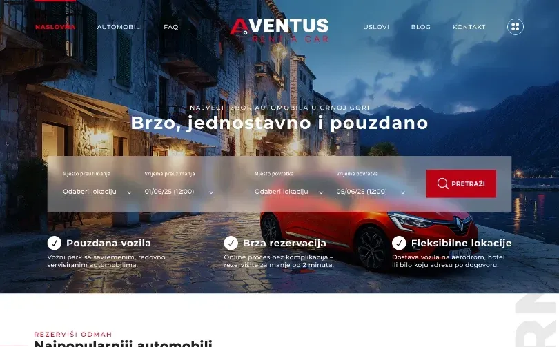 Home page of the Aventus Rent a Car website