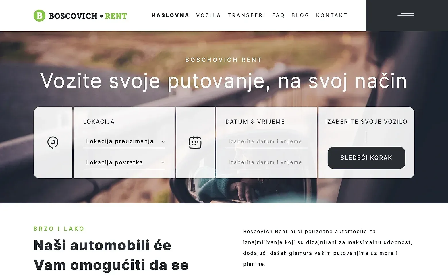 Home page of the Boschovich Rent a Car website