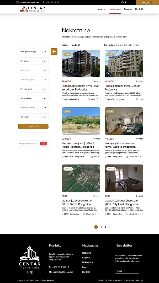 Nekretnine i O nama — sajt Centar Nekretnine
