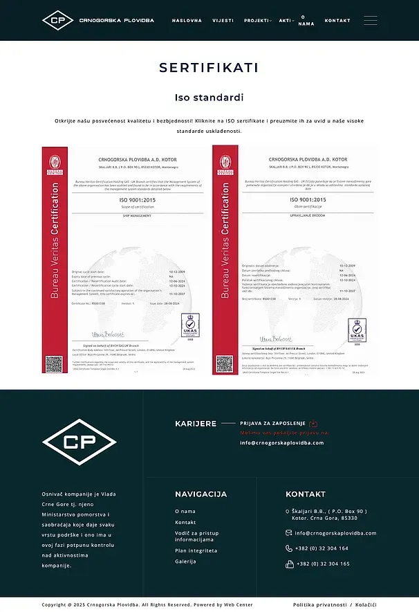 Tempus und Zertifikate — die Website von CG Plovidba