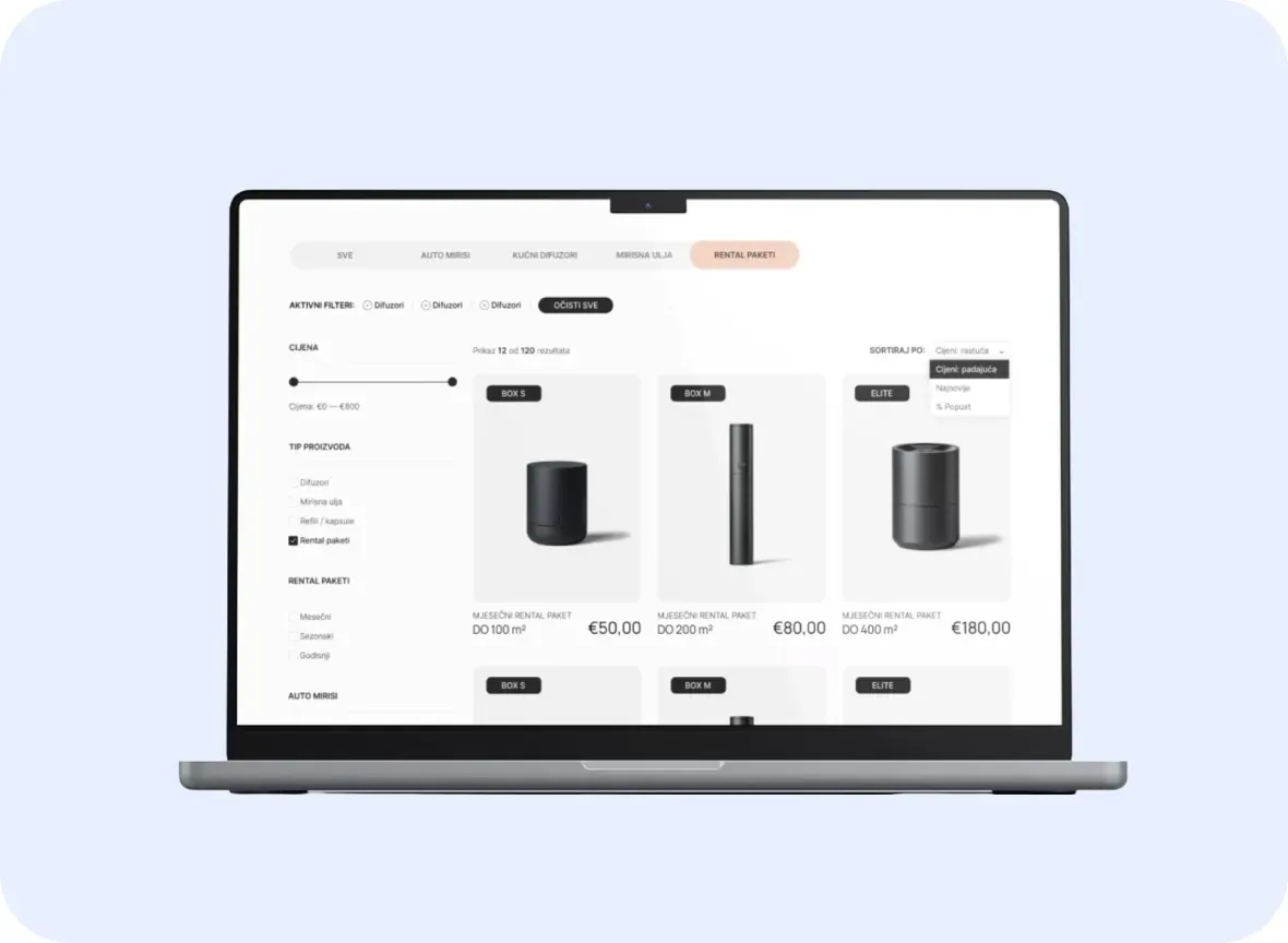Ein Lautsprecher-Shop auf einem Laptop, mit Filtern und Preisen