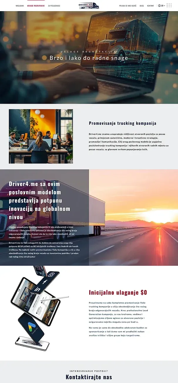 USLUGE REGRUTACIJE und ZA POSLODAVCE — die Website von Driver4.me