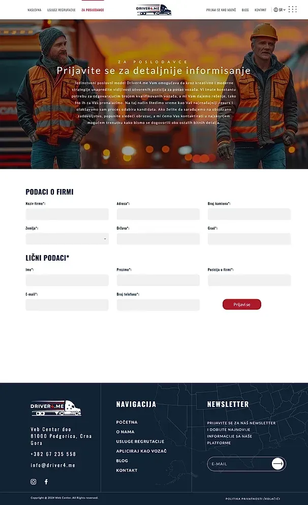 USLUGE REGRUTACIJE und ZA POSLODAVCE — die Website von Driver4.me