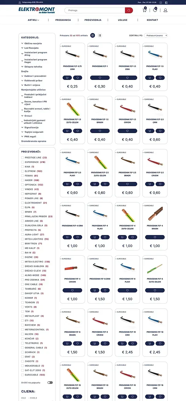 Artikel und Kablovi i provodnici — die Website von Elektromont