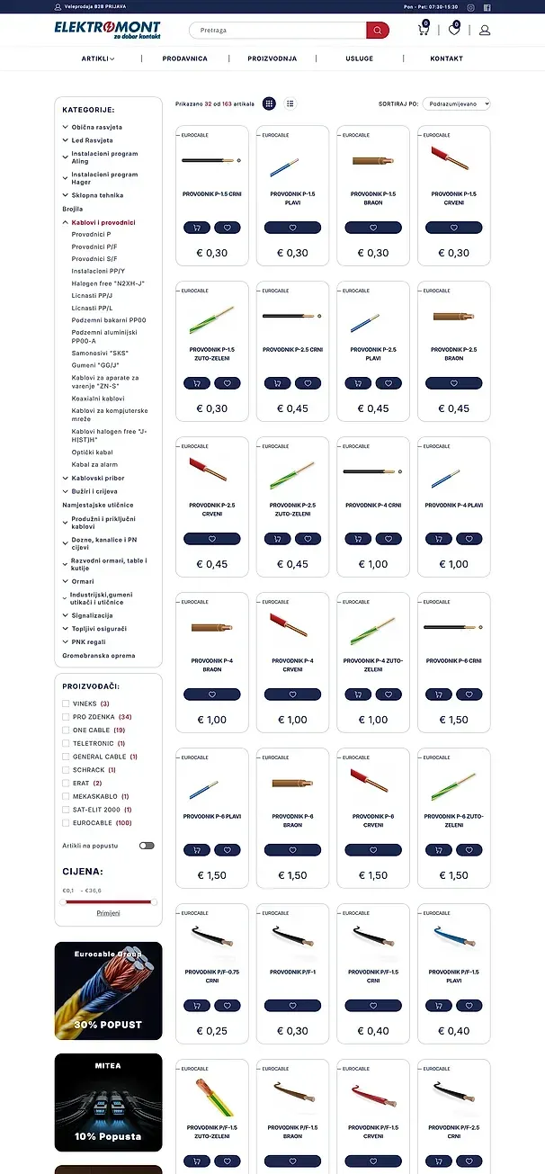 Artikel und Kablovi i provodnici — die Website von Elektromont