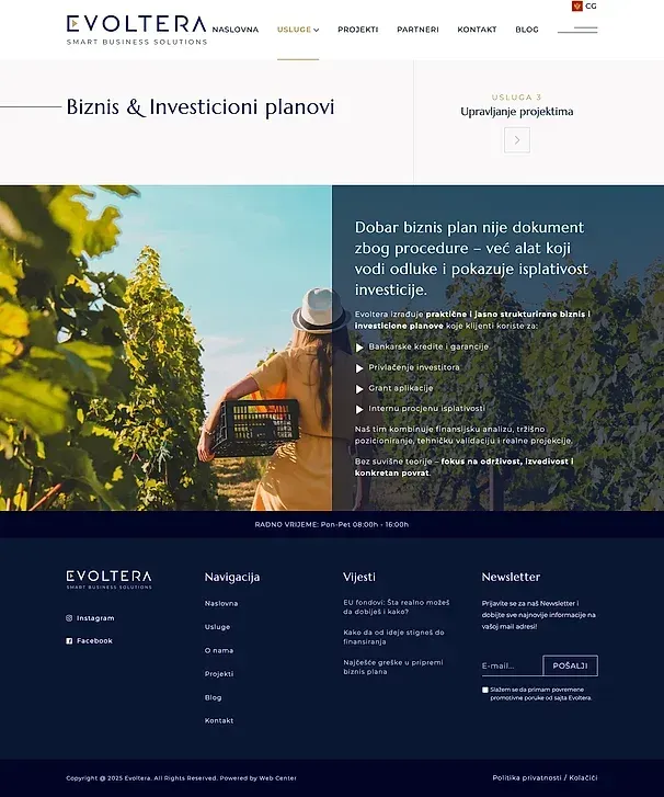 Biznis i investicioni planovi und Upravljanje projektima — die Website von Evoltera