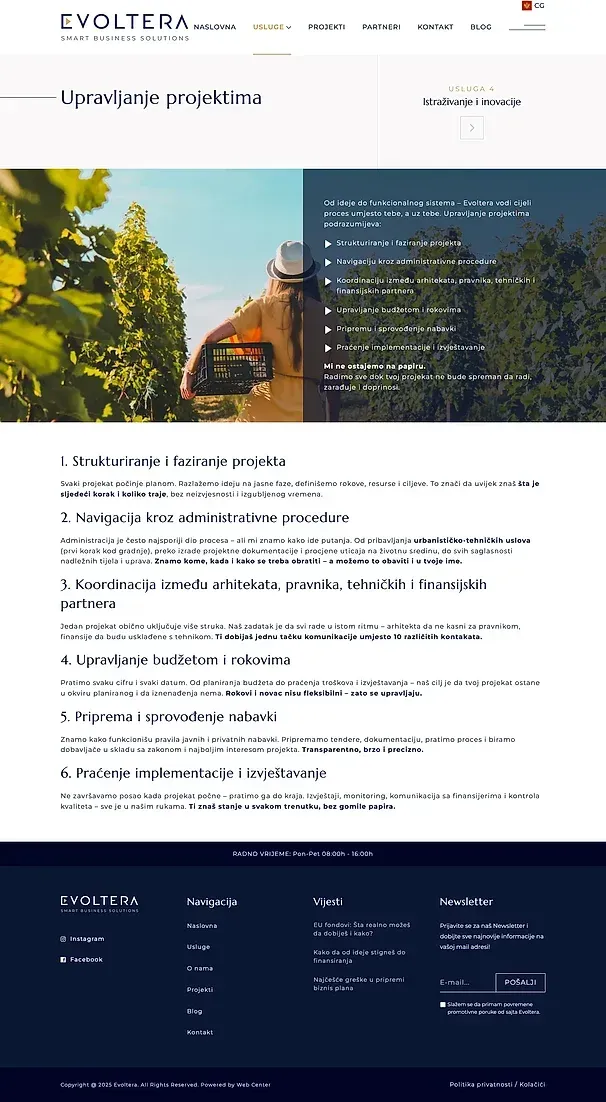 Biznis i investicioni planovi und Upravljanje projektima — die Website von Evoltera