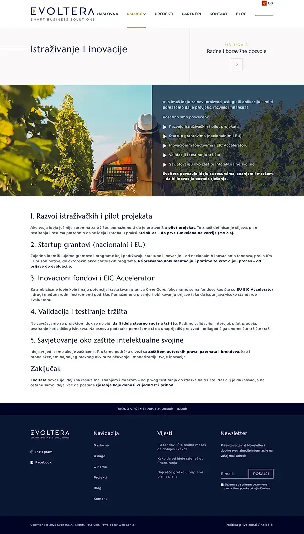 Istraživanje i inovacije und Radne i boravišne dozvole — die Website von Evoltera