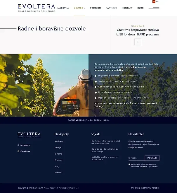 Istraživanje i inovacije und Radne i boravišne dozvole — die Website von Evoltera