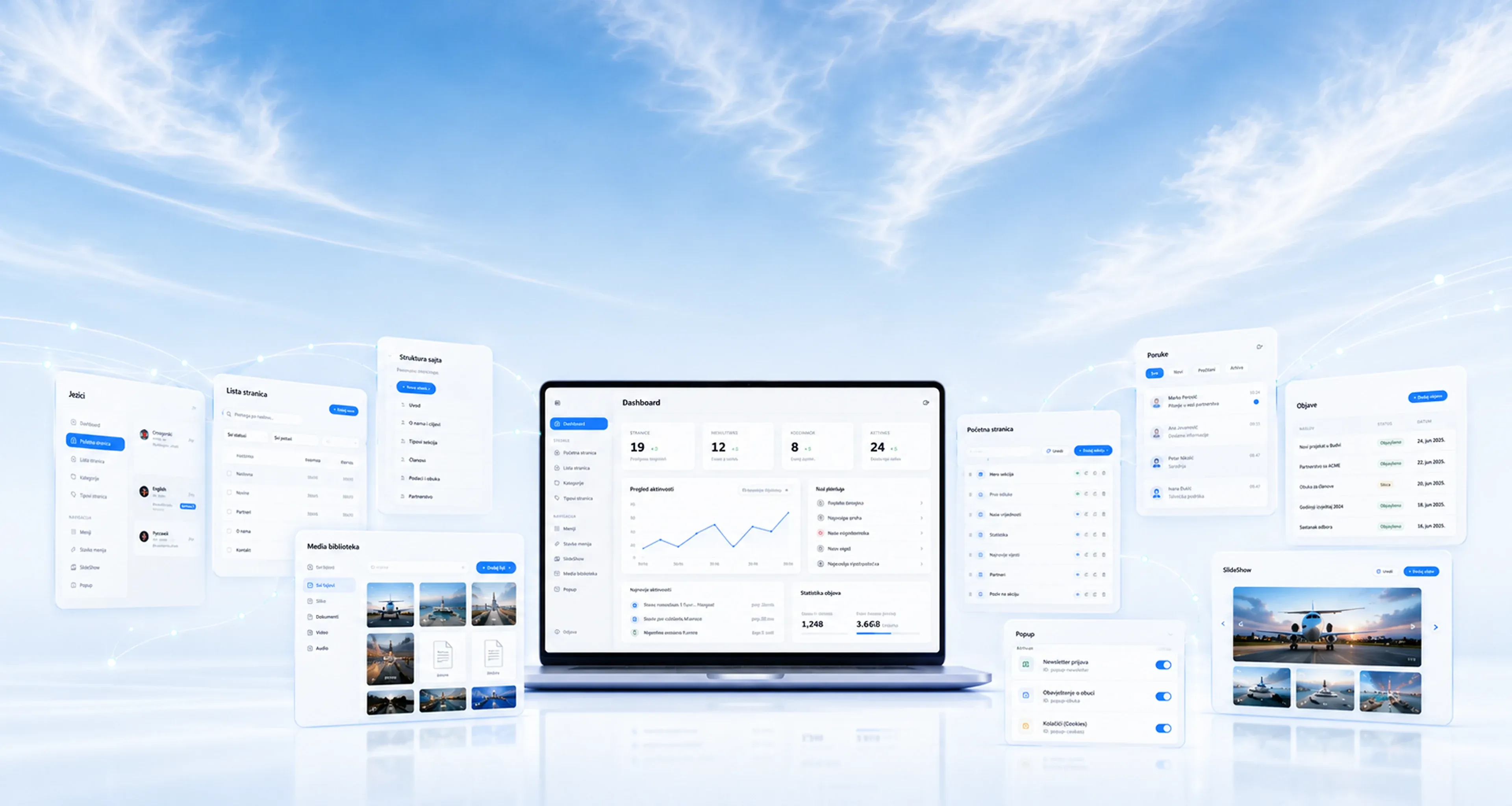 Ein Laptop mit dem Dashboard des Veb Centar CMS, umgeben von Panels für Medien, Seitenstruktur, Bestellungen und Beiträge