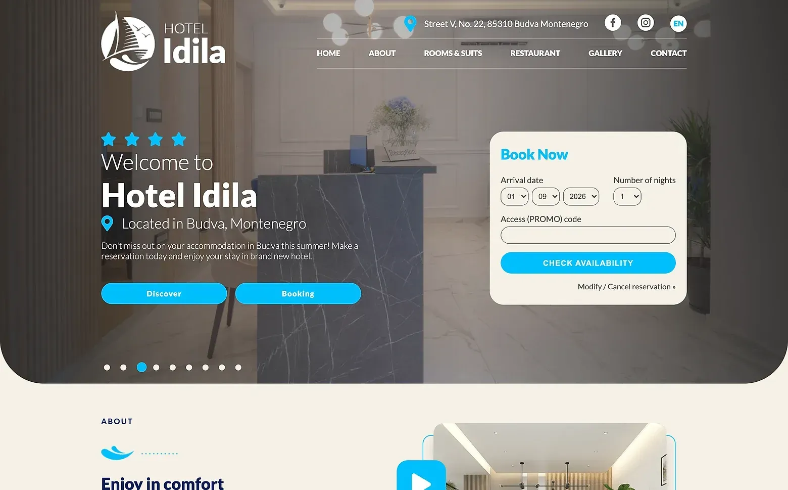 Home page of the Hotel Idila website