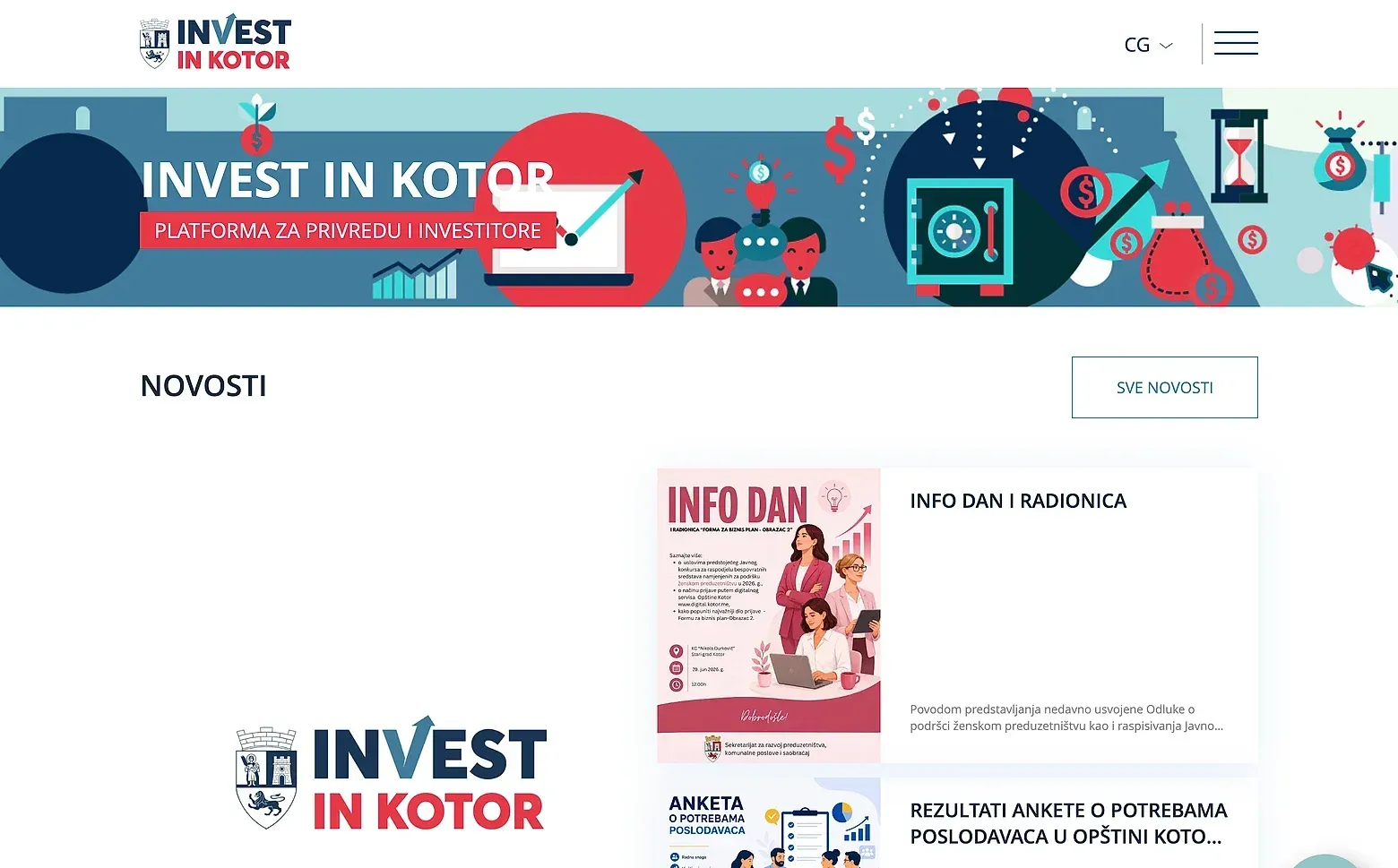 Home page of the Invest in Kotor website