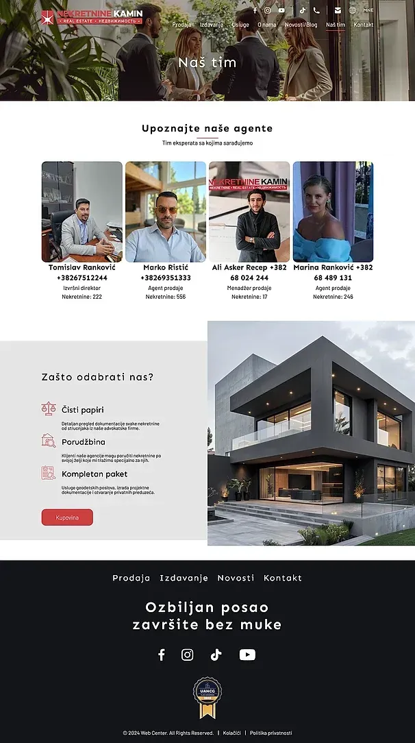 Naš tim und Kontakt — die Website von Kamin Nekretnine