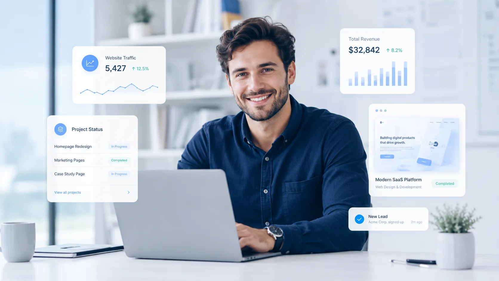 A client at a laptop, cards with revenue and project status around him