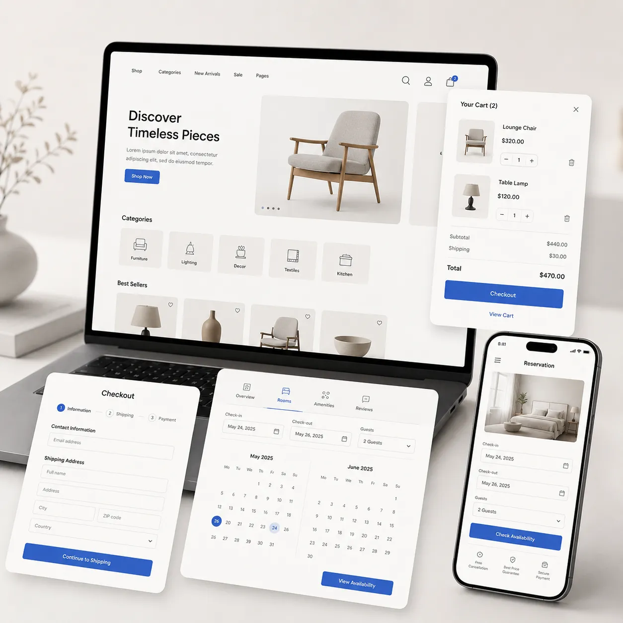 Ein Onlineshop auf Laptop, Tablet und Telefon