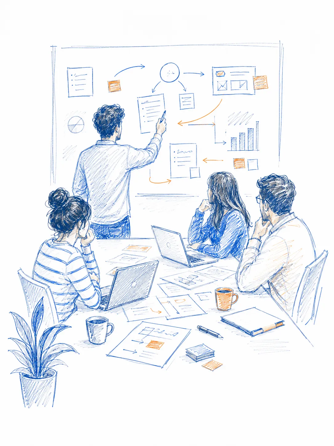 A drawing of a team in front of a board with a project plan