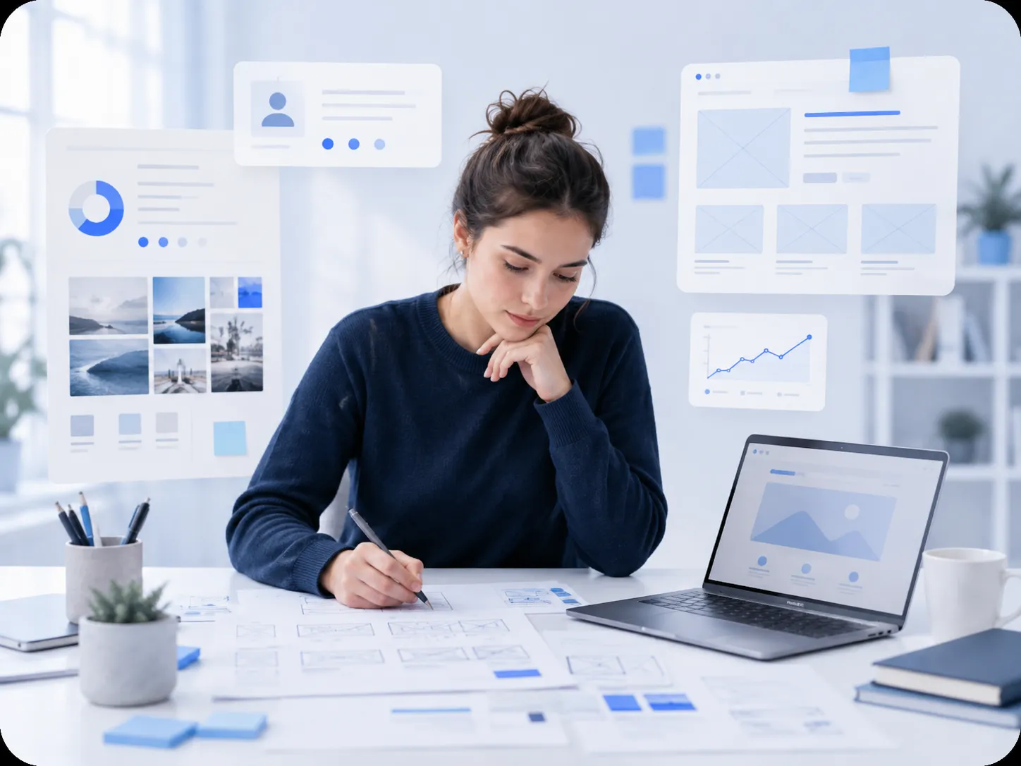 A designer at a desk, page wireframes around her
