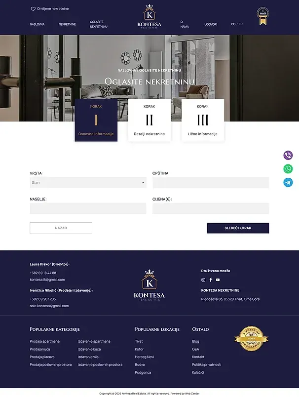Immobilie inserieren und Über uns — die Website von Kontesa Real Estate