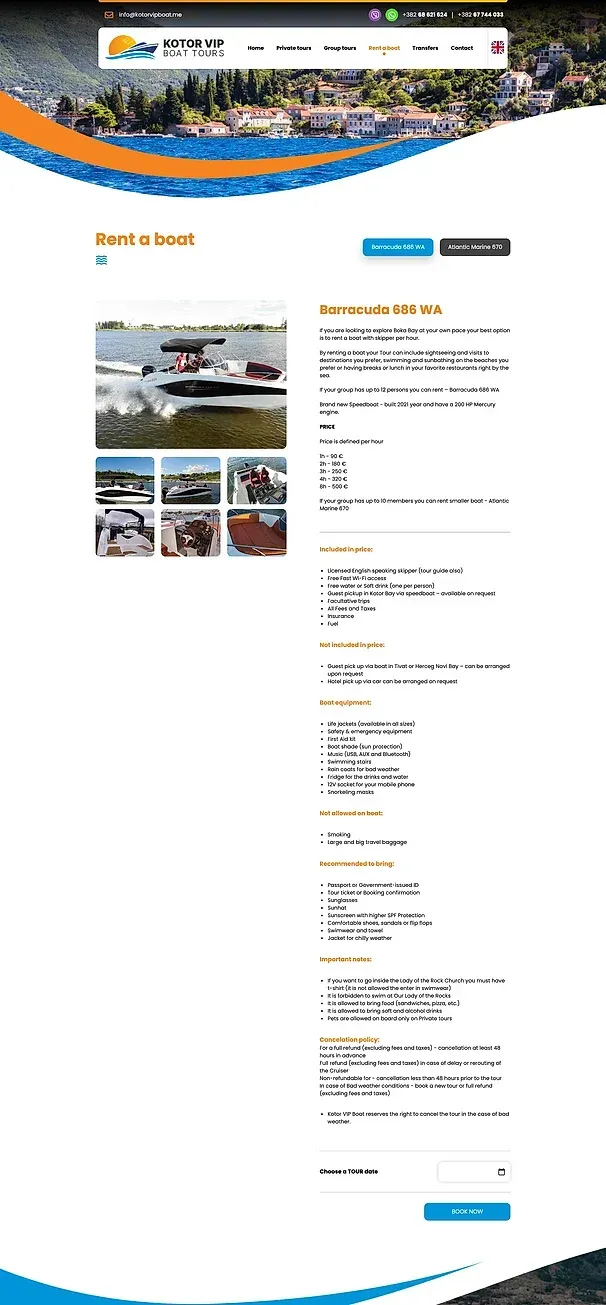 Rent a boat und Transfers — die Website von Kotor VIP Boat Tours
