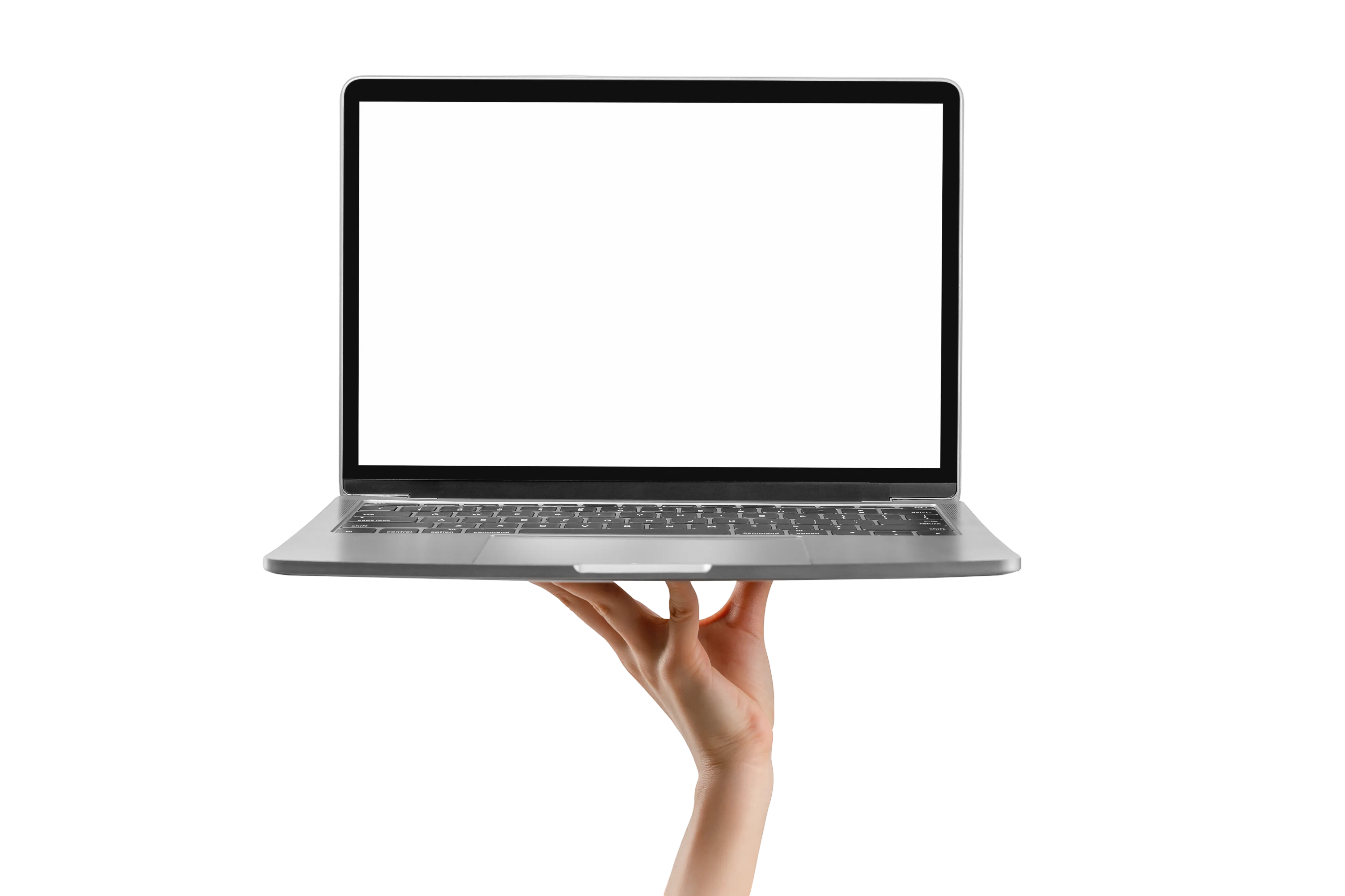 Eine Hand hält einen offenen Laptop mit einer von Web Center erstellten Website