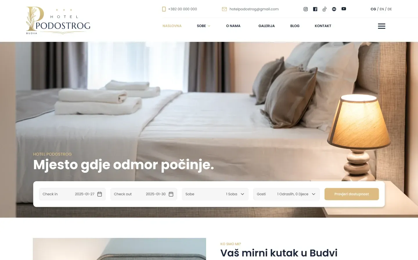 Home page of the Hotel Podostrog website