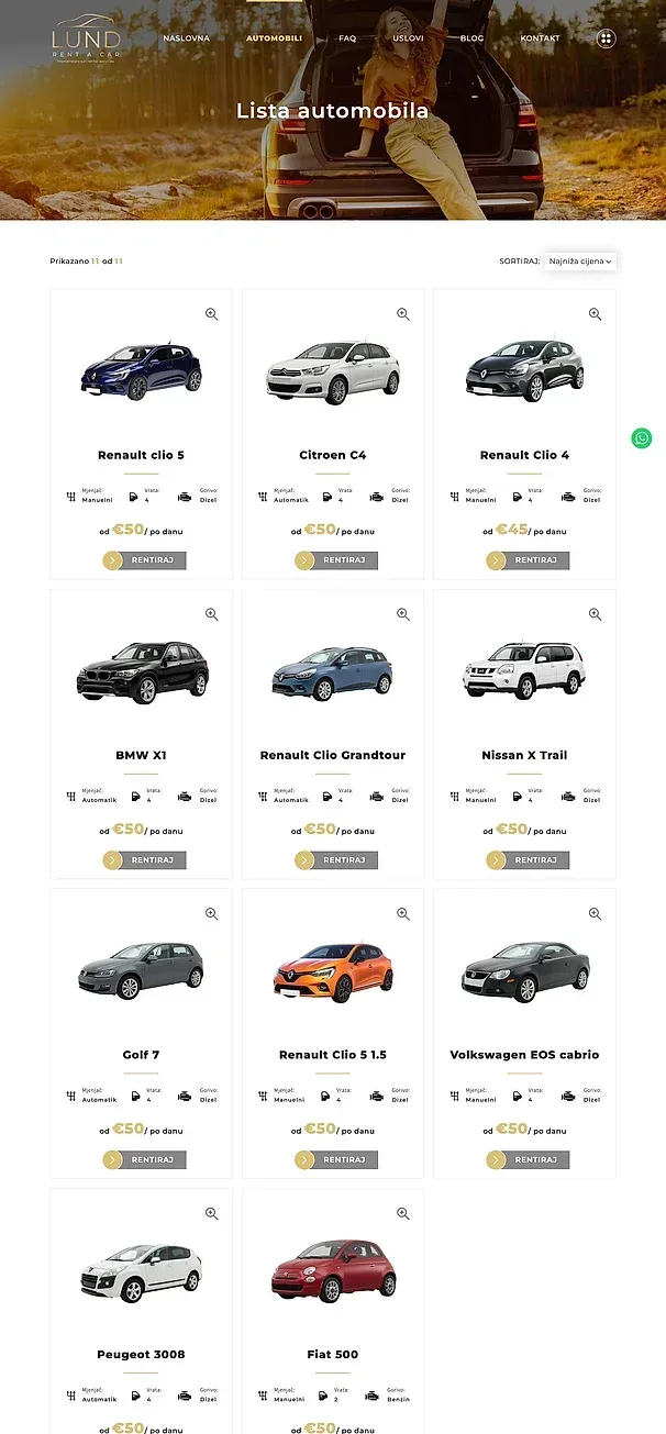Automobili i Uslovi — sajt Lund Rent a Car