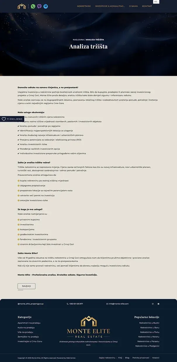 Investiciono savjetovanje and Analiza tržišta — the Monte Elite site