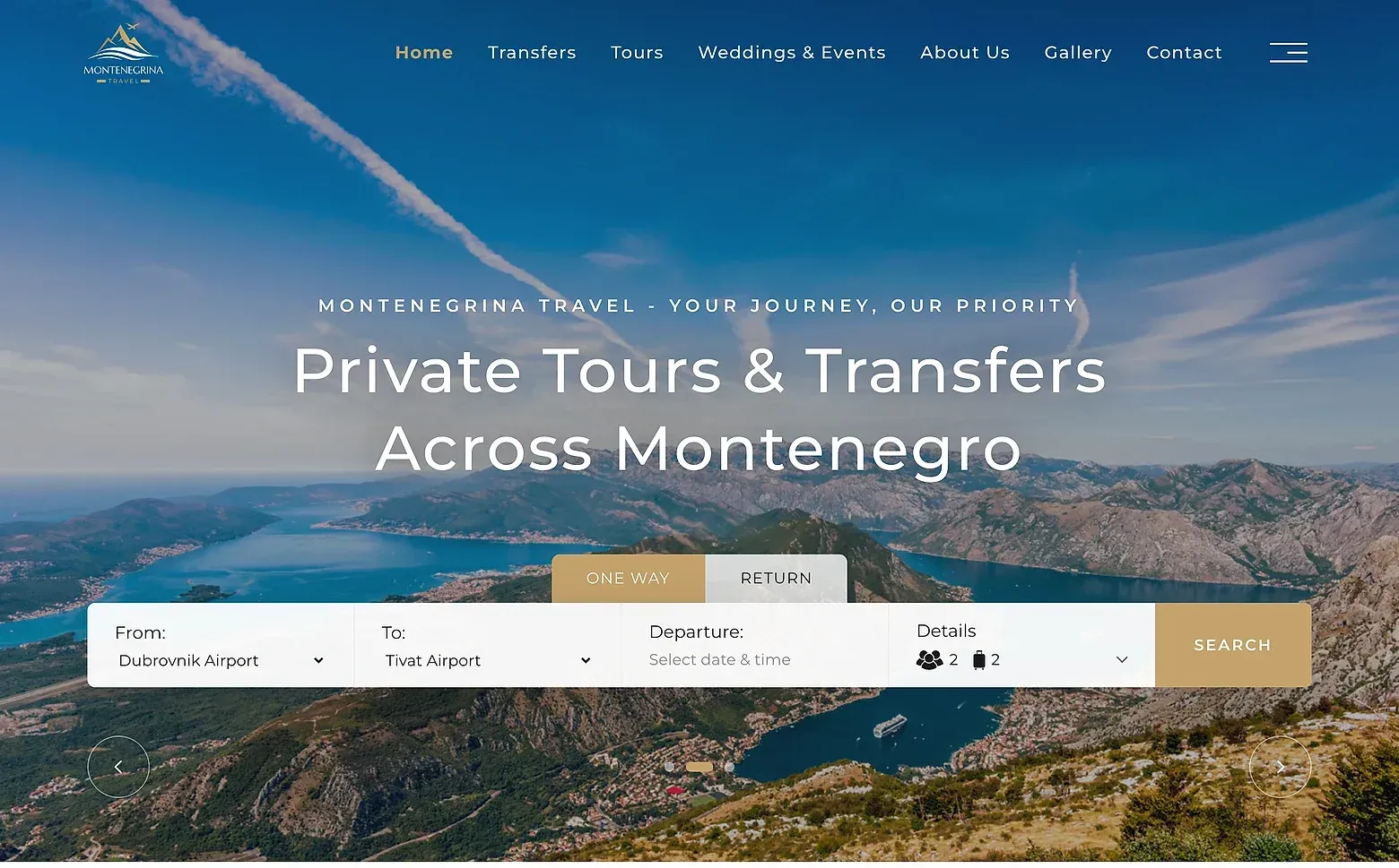 Home page of the Montenegrina Travel website
