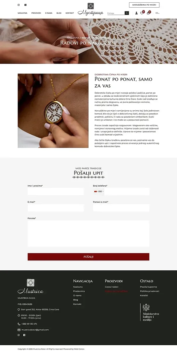 Custom order and Products — the Mustrica site