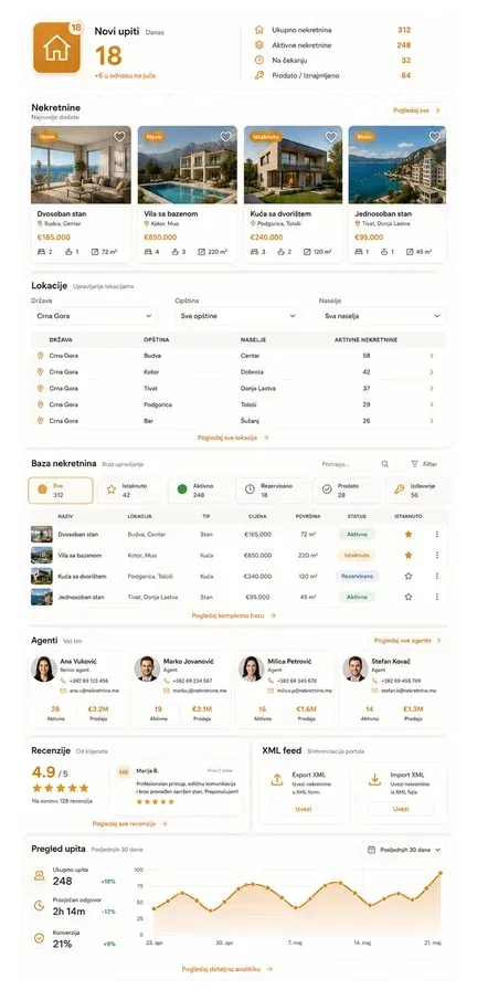 The management panel: listing statistics, locations, agents and the XML exchange