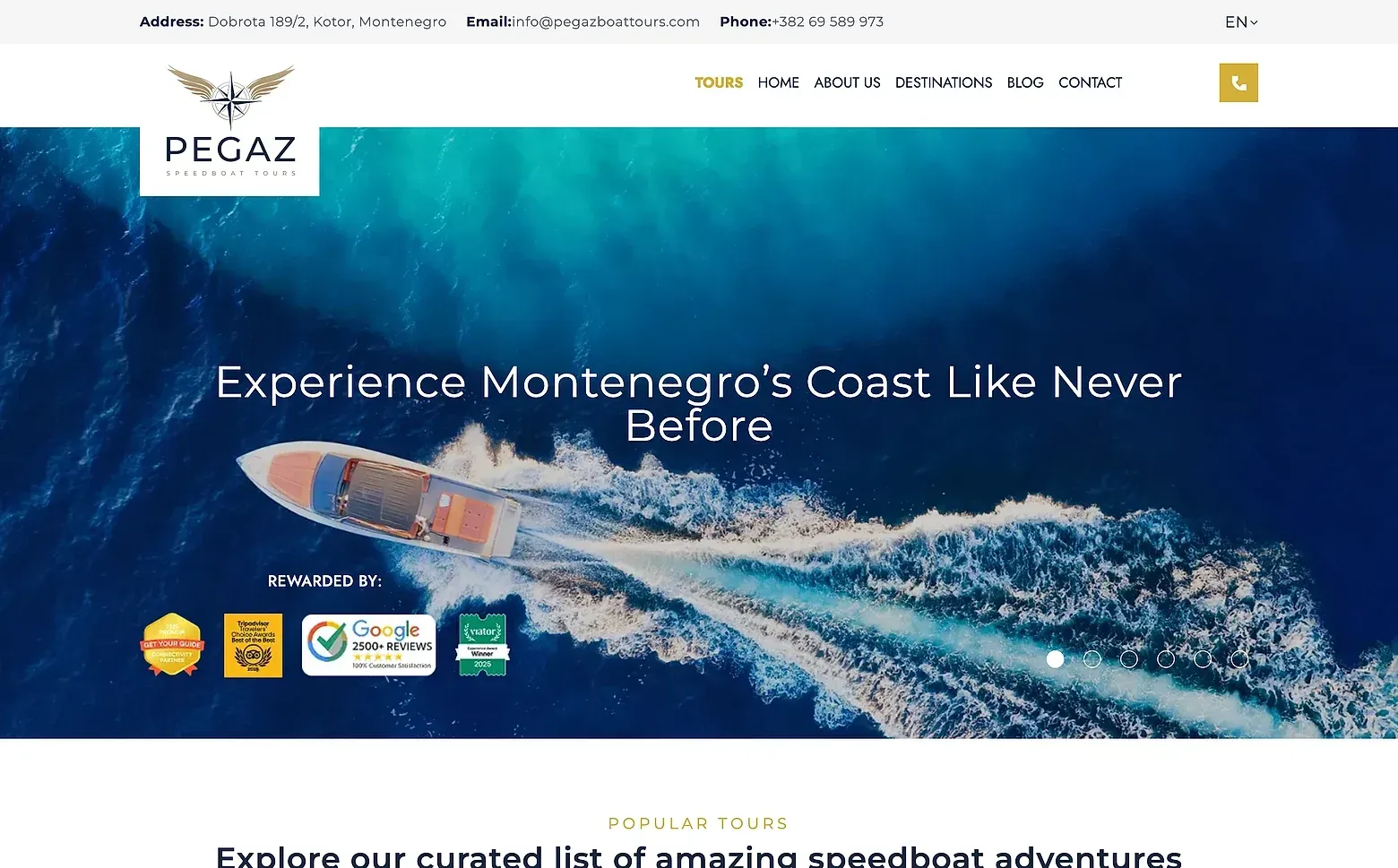 Startseite der Website Pegaz Speedboat Tours