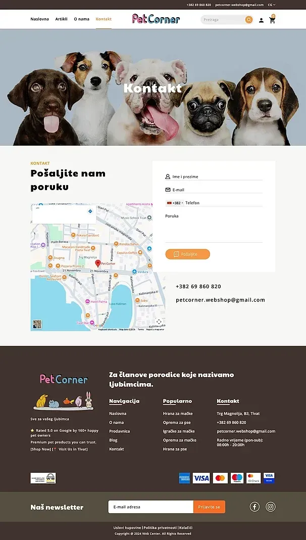 Kontakt und Registracija — die Website von Pet Corner