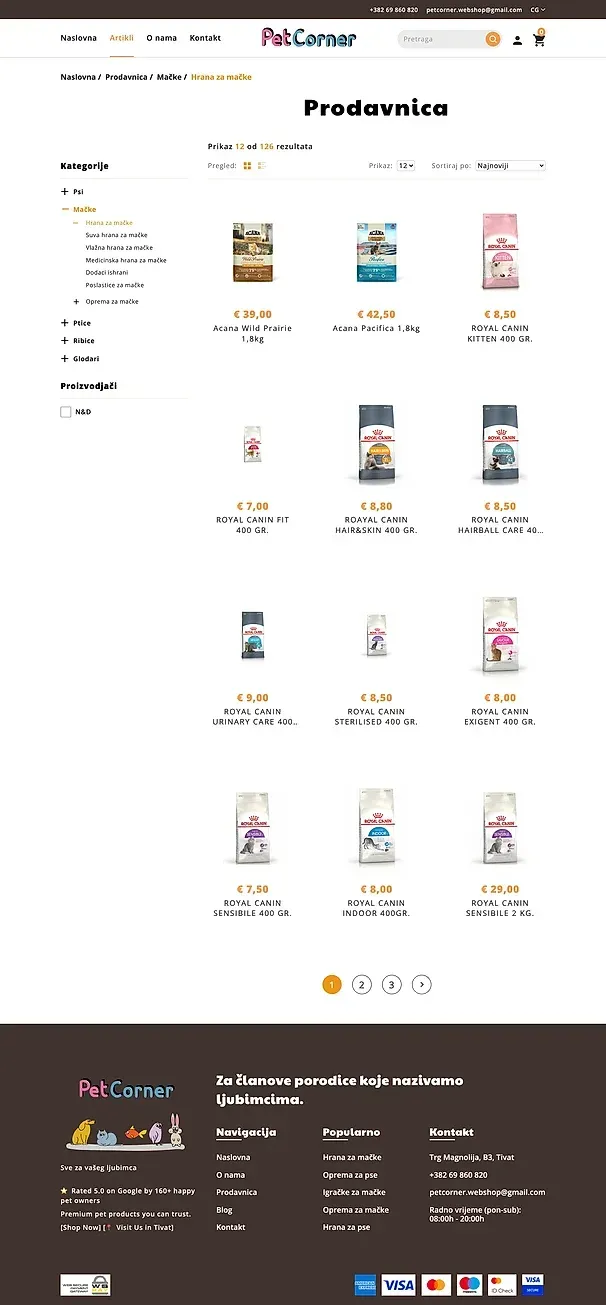 Blog i Hrana za mačke — sajt Pet Corner