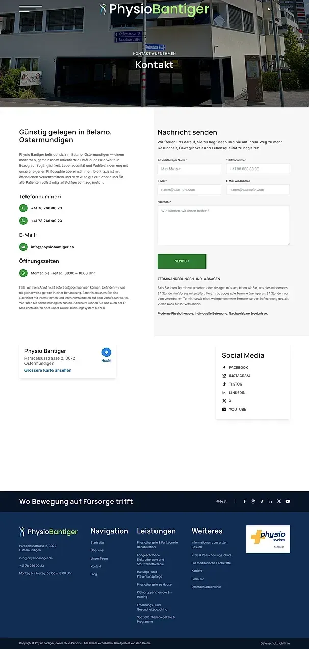 Kontakt und Haltungs- und Präventionspflege — die Website von Physiobantiger.ch