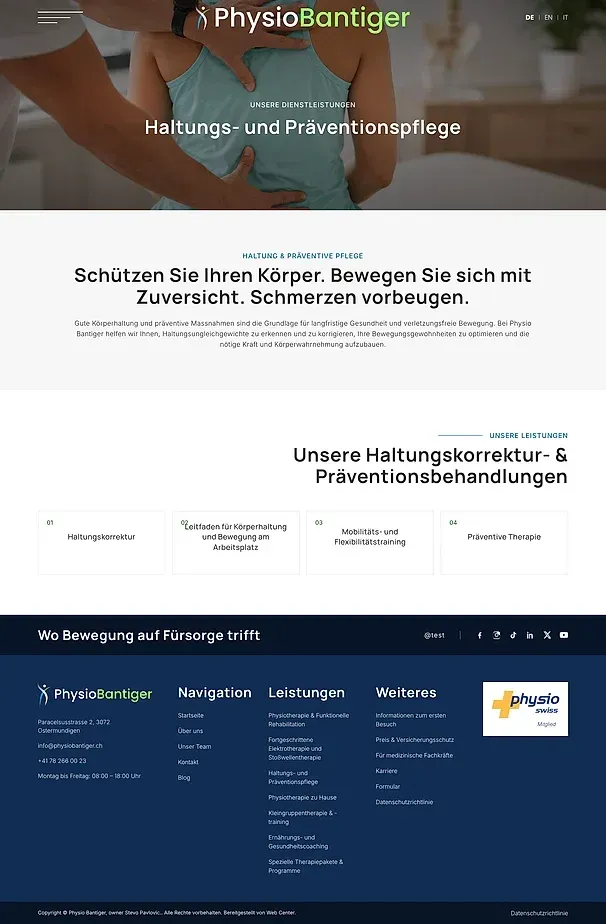 Kontakt und Haltungs- und Präventionspflege — die Website von Physiobantiger.ch