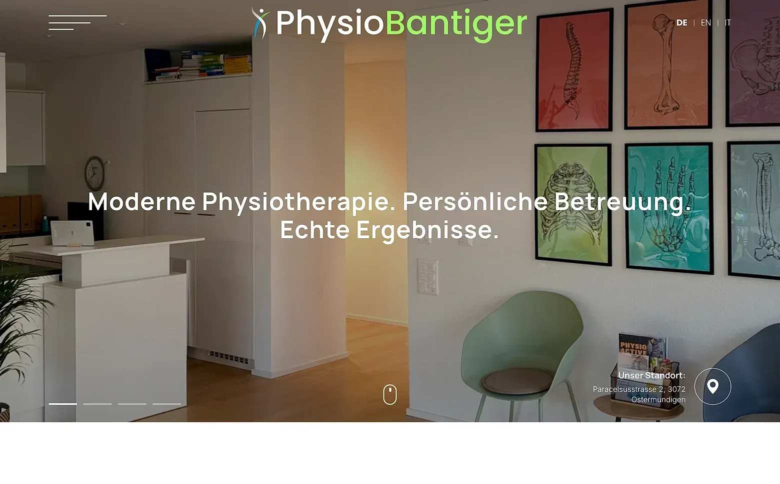 Home page of the Physiobantiger.ch website
