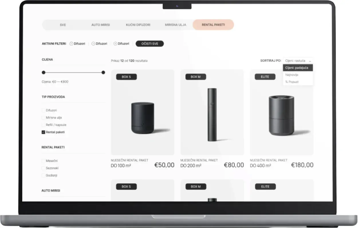 A product catalogue with filters and prices, open on a laptop