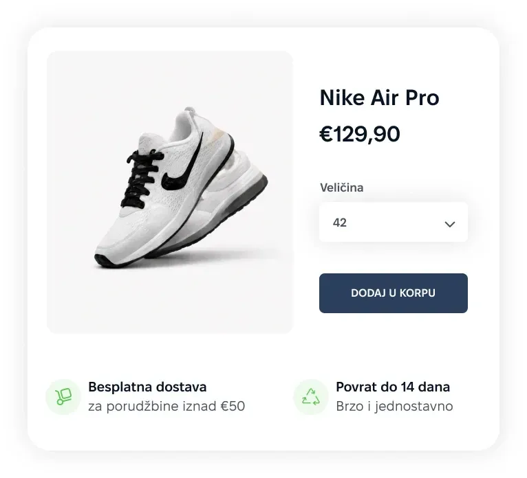 A product page: photograph, price, size picker and an add-to-basket button