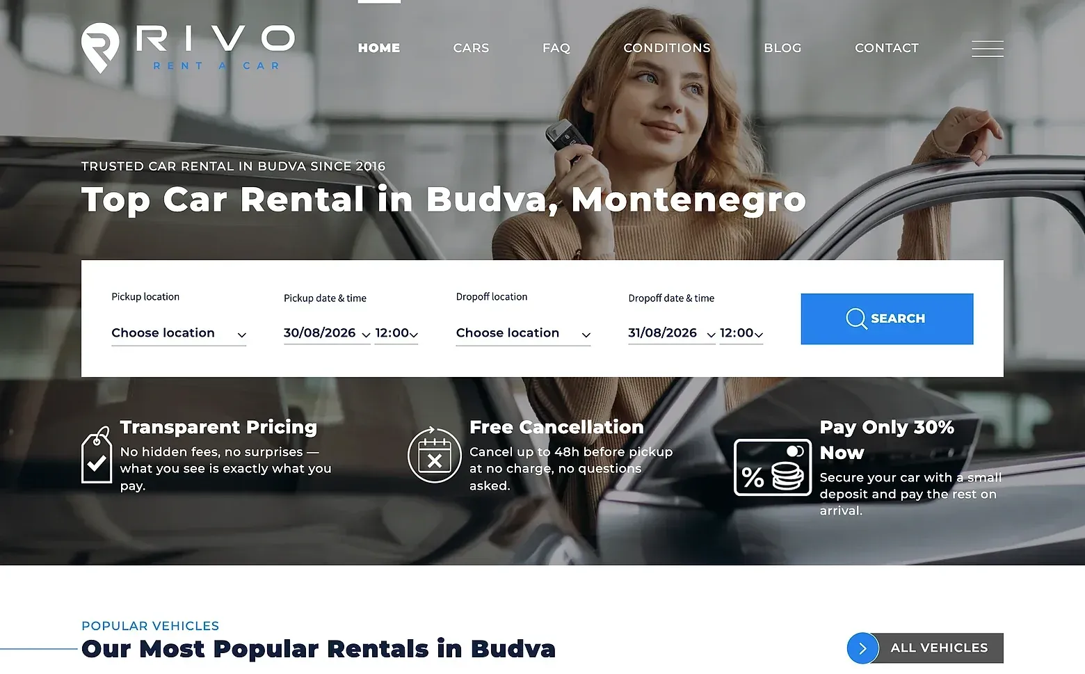 Home page of the Rivo Rent a Car website