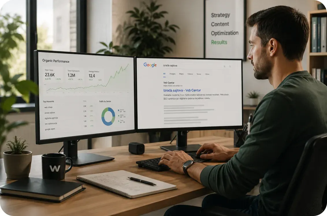 A man at two monitors, with search results and visit statistics