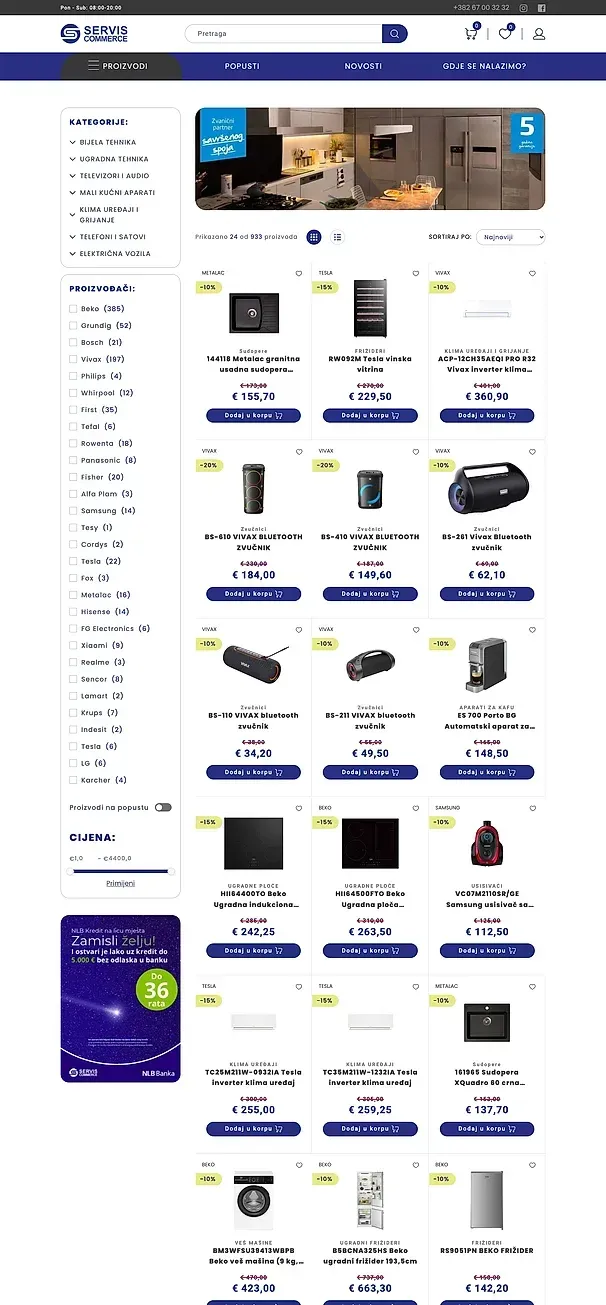 Produkte und Haushaltsgeräte — die Website von Servis Commerce
