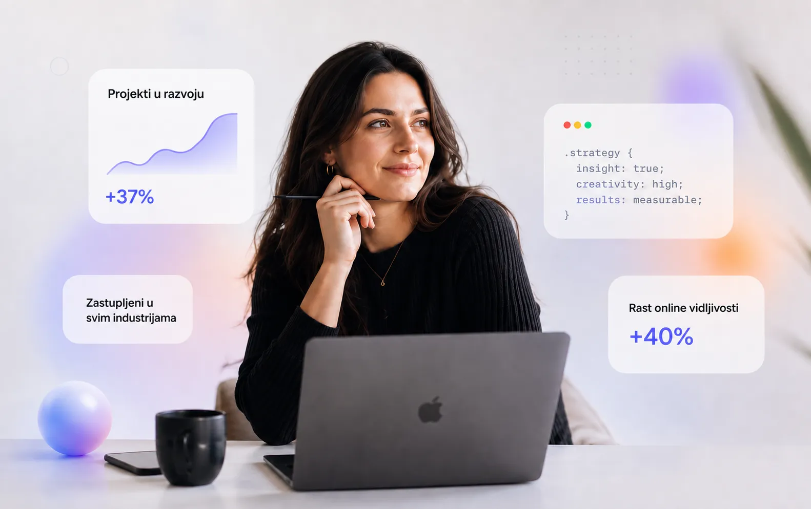 Eine Mitarbeiterin von Web Center am Schreibtisch, umgeben von Darstellungen von Projektwachstum und Online-Sichtbarkeit