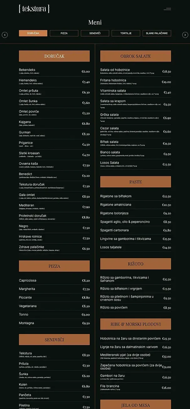 About us and Menu — the Tekstura site