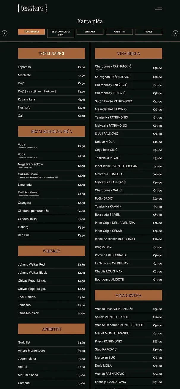 Drinks menu and Gallery — the Tekstura site