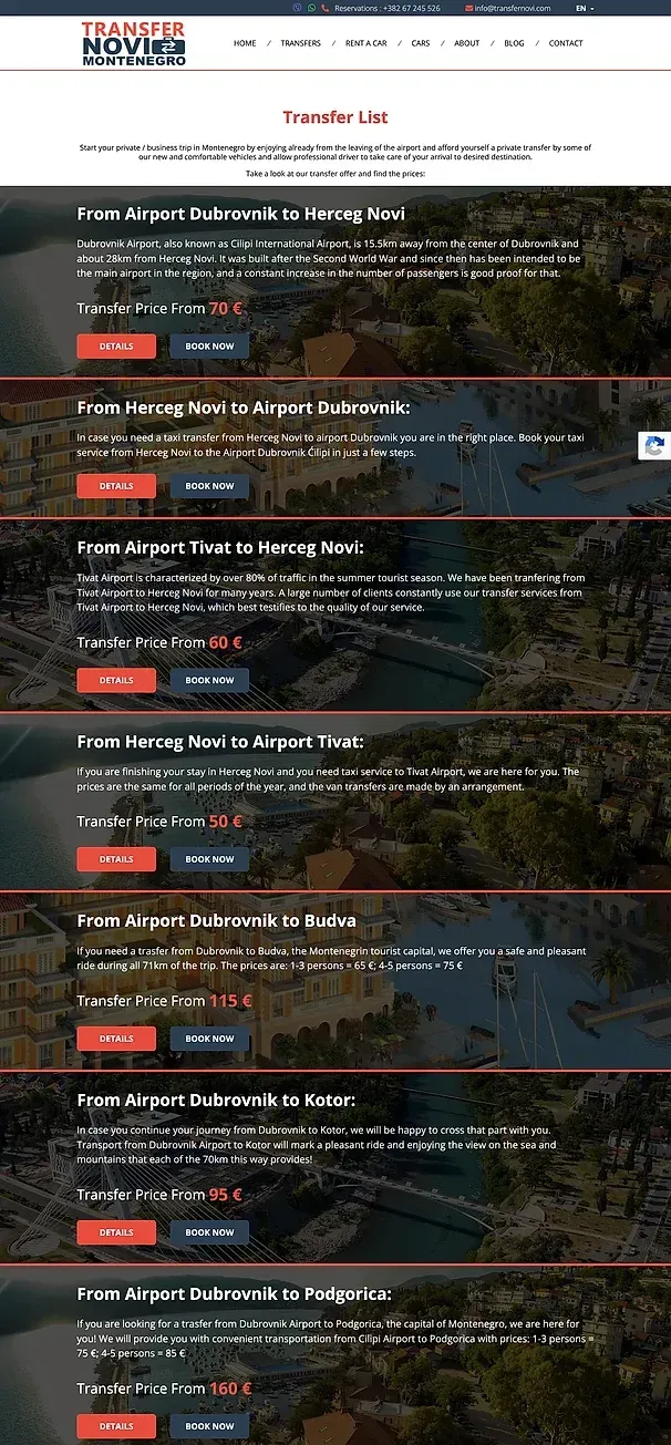 Transfers und Mietwagen — die Website von Transfer Novi