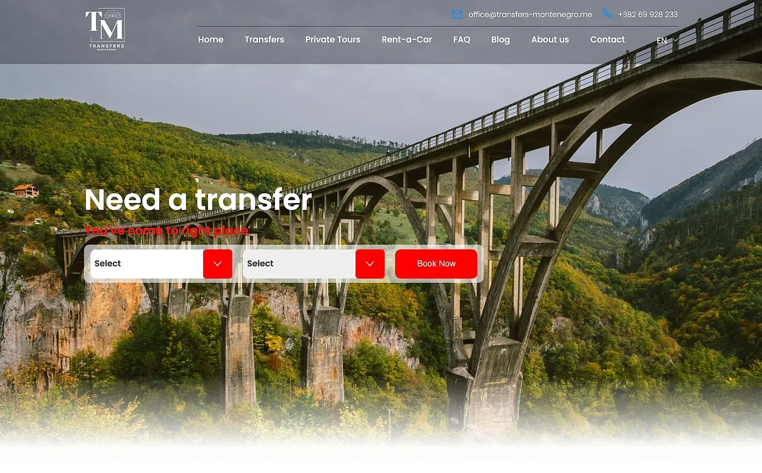 Home page of the Transfers Montenegro website