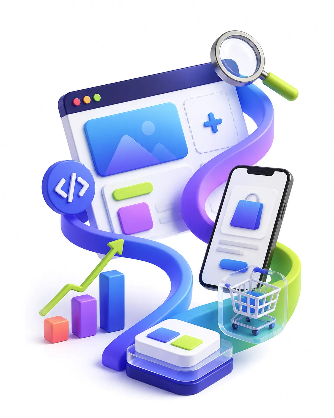 Illustration eines Website-Fensters, eines Shops auf dem Telefon und eines Wachstumsdiagramms