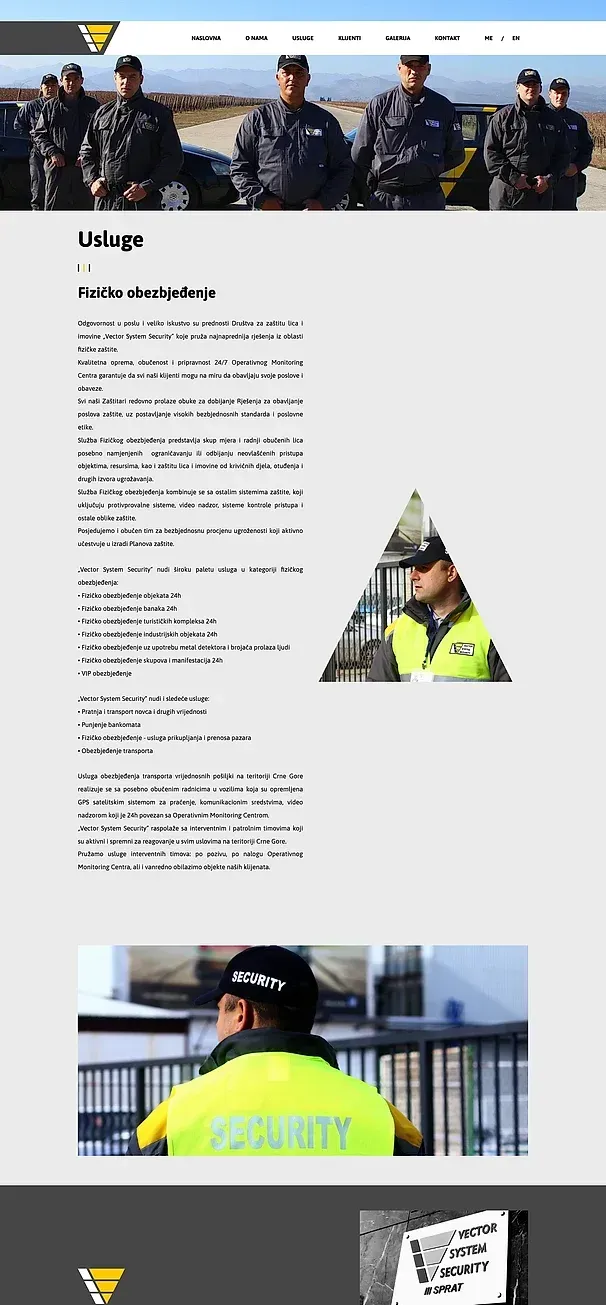 Fizičko obezbjeđenje und Tehničko obezbjeđenje — die Website von Vector System Security